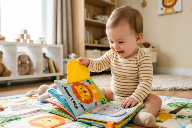 Baby exploring a sensory book in the Baby Room at Funky Nursery in Cheltenham